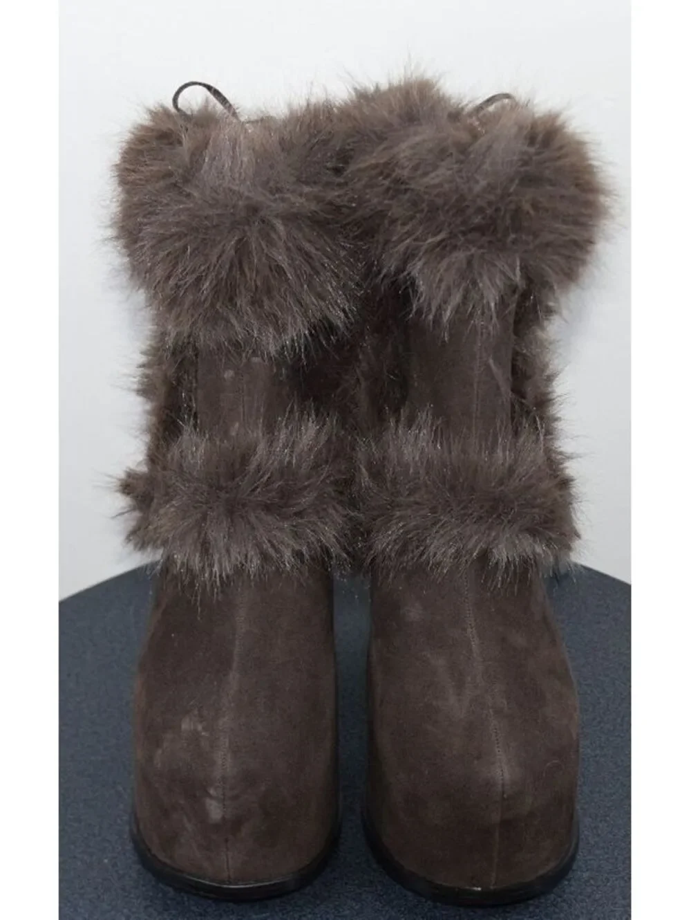 Dolls Kill Fur Trim Suede Platform Boots Brown Chunky Heel Mid-Calf, Size 10
